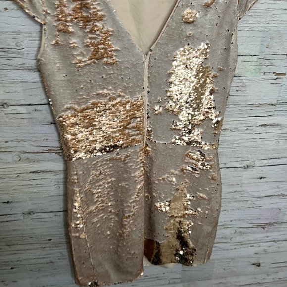 Vince Camuto Gold Sequin Cream Mini Dress Party Formal Prom Event Pageant Kawaii - Picture 4 of 7
